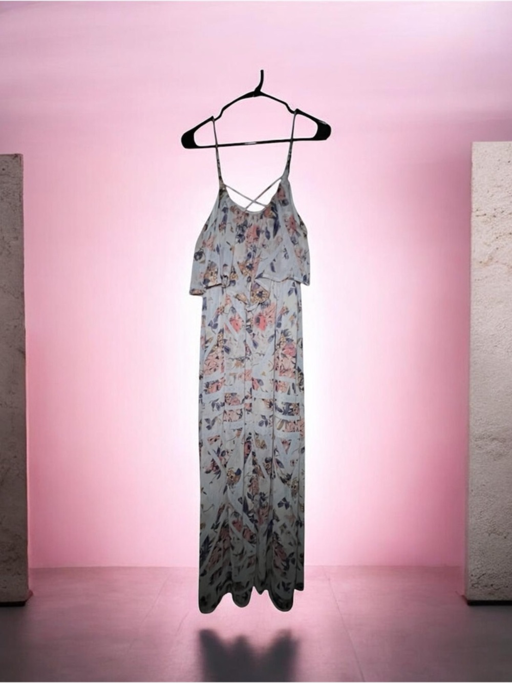 Xhilaration Light Beige Floral Tiered Ruffle Maxi Dress
